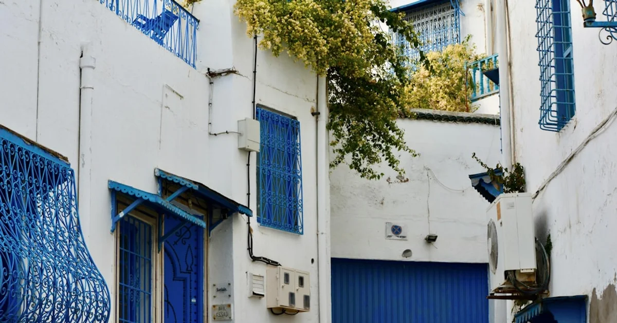 Front de mer de La Goulette avec le port, les restaurants de poisson et une rame du TGM